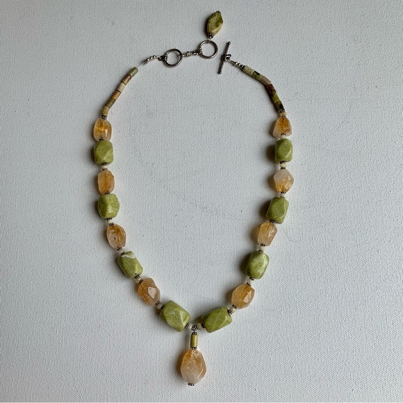 Vintage Chunky Gemstone Necklace Yellow Citrine Crystals Green Serpentine 24" - Picture 13 of 13